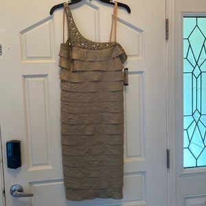 Size 12, one shoulder strap, champagne/gold dress.